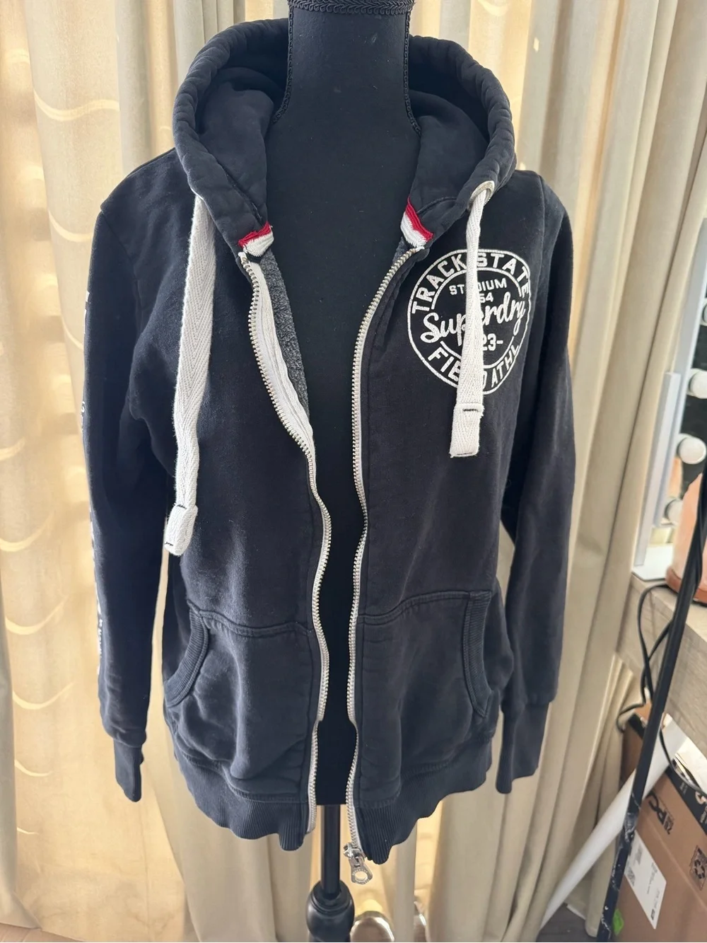 Superdry Black Zip Hoodie with White Drawstrings size L